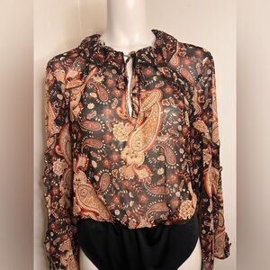 Zara floral paisley print ruffled bodysuit long sleeved size XL